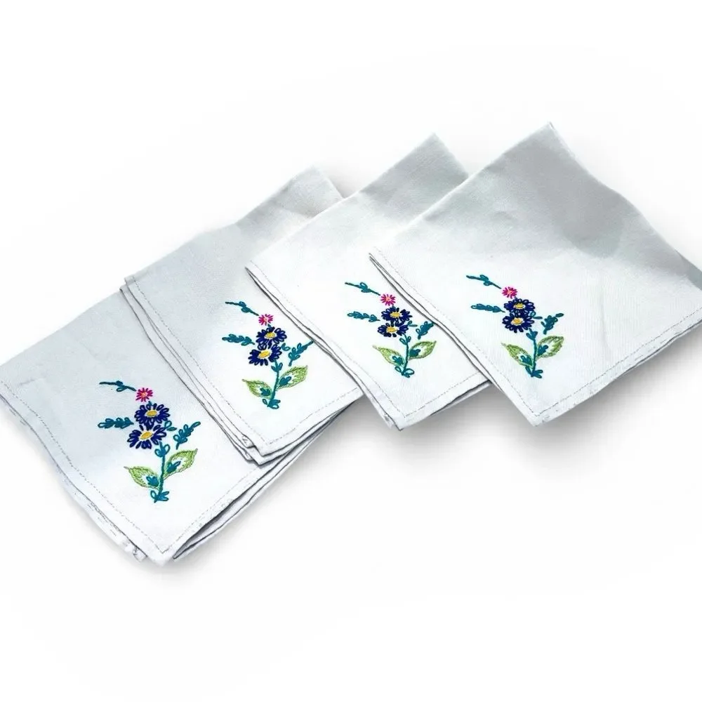 4 Vtg Napkins‎ Needle Point Embroidered Purple Violets 15.5 X14.5